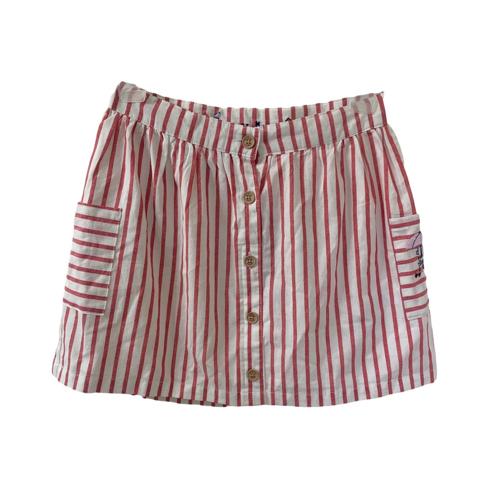 NEW Preppy Cotton Summer Skirt Stripes Button Front Pockets Embroidered Girls 8